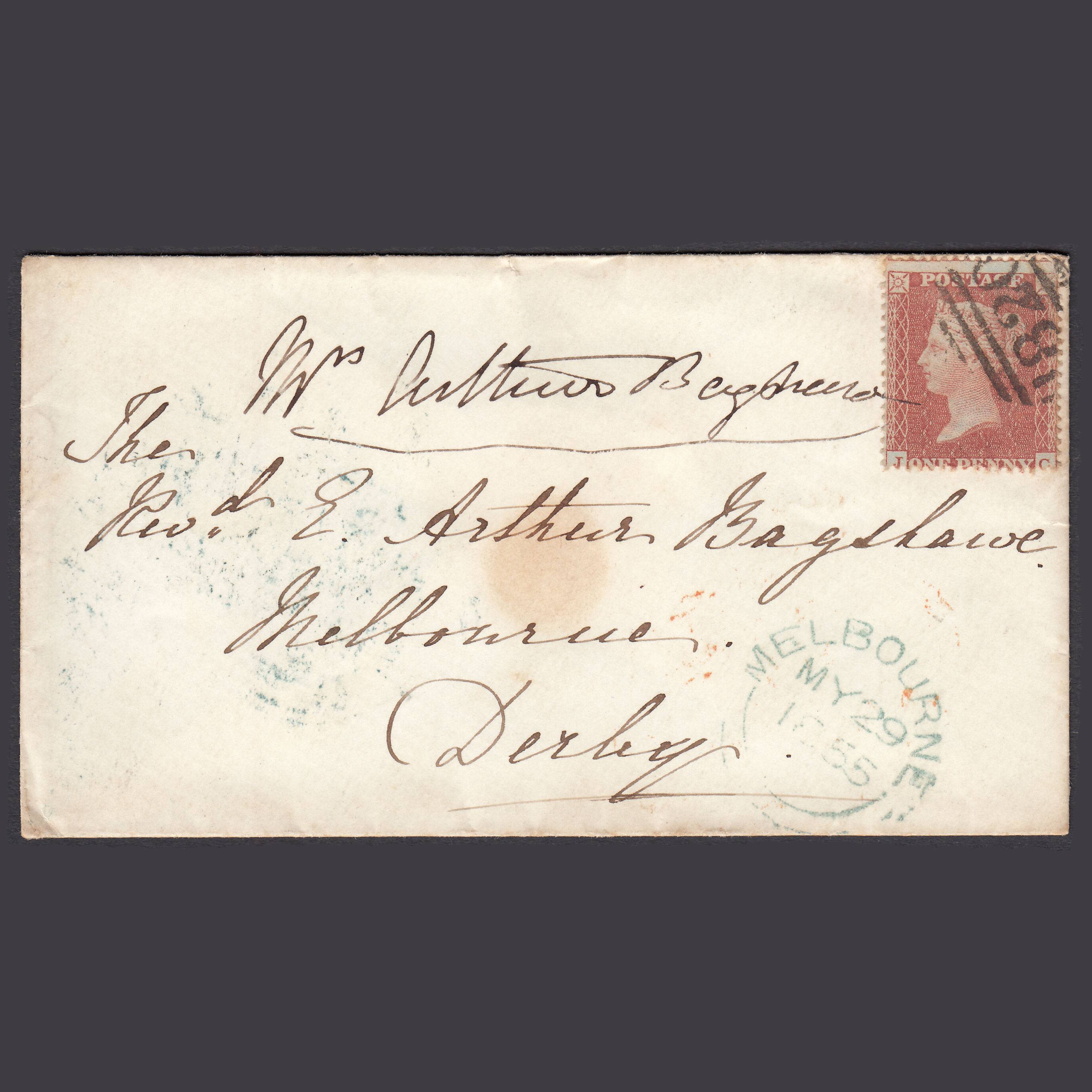 GB QV 1855 1d Plate 4 SG21-C4(1) JC FU Melbourne Mrs Bagshawe Cover