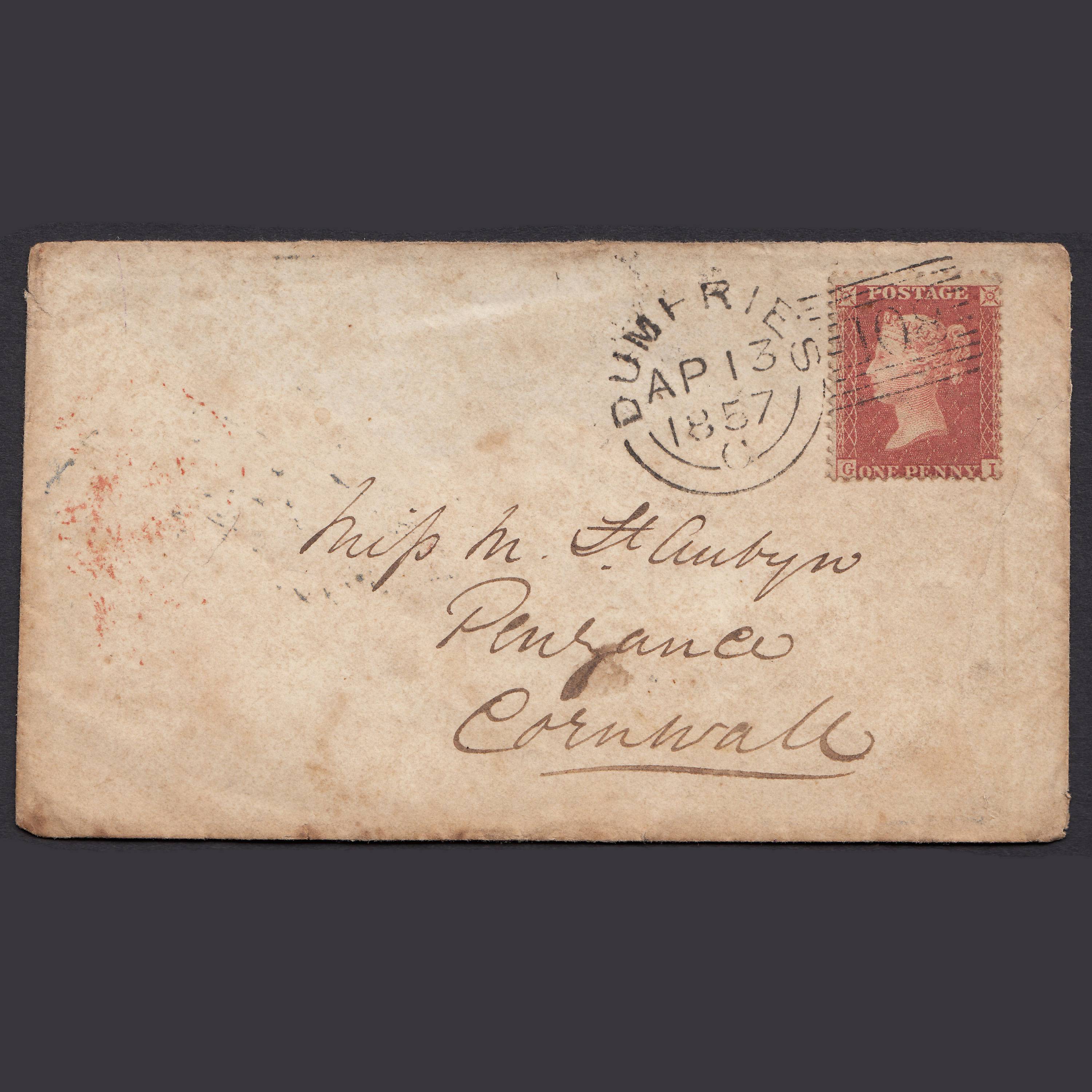 GB QV 1857 1d Plate 35 SG29-C8(1) GI FU Experimental Dumfries 108 Cover