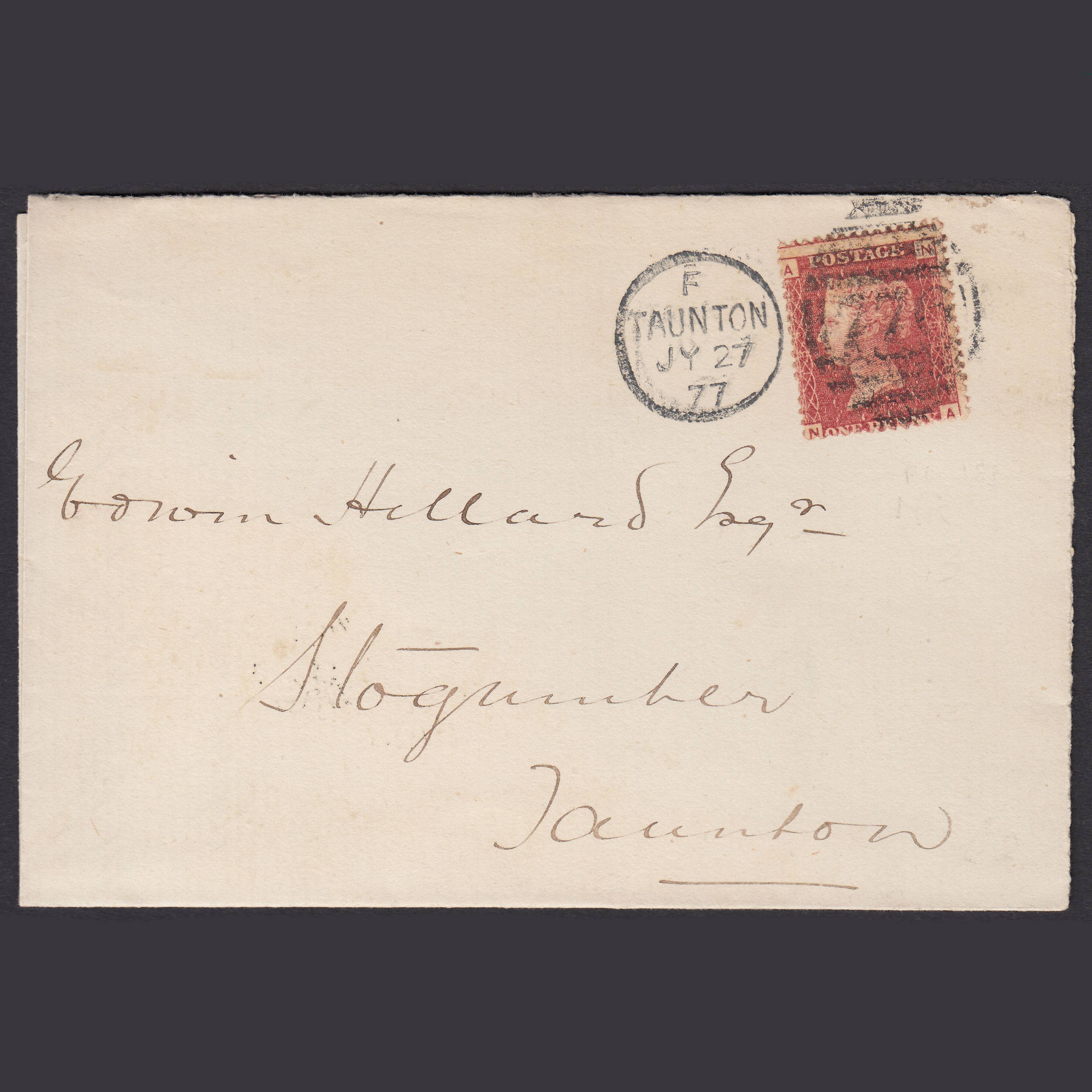 GB QV 1877 1d Lake-Red Plate 183 SG44-G1(2) NA FU Taunton 776 on Cover