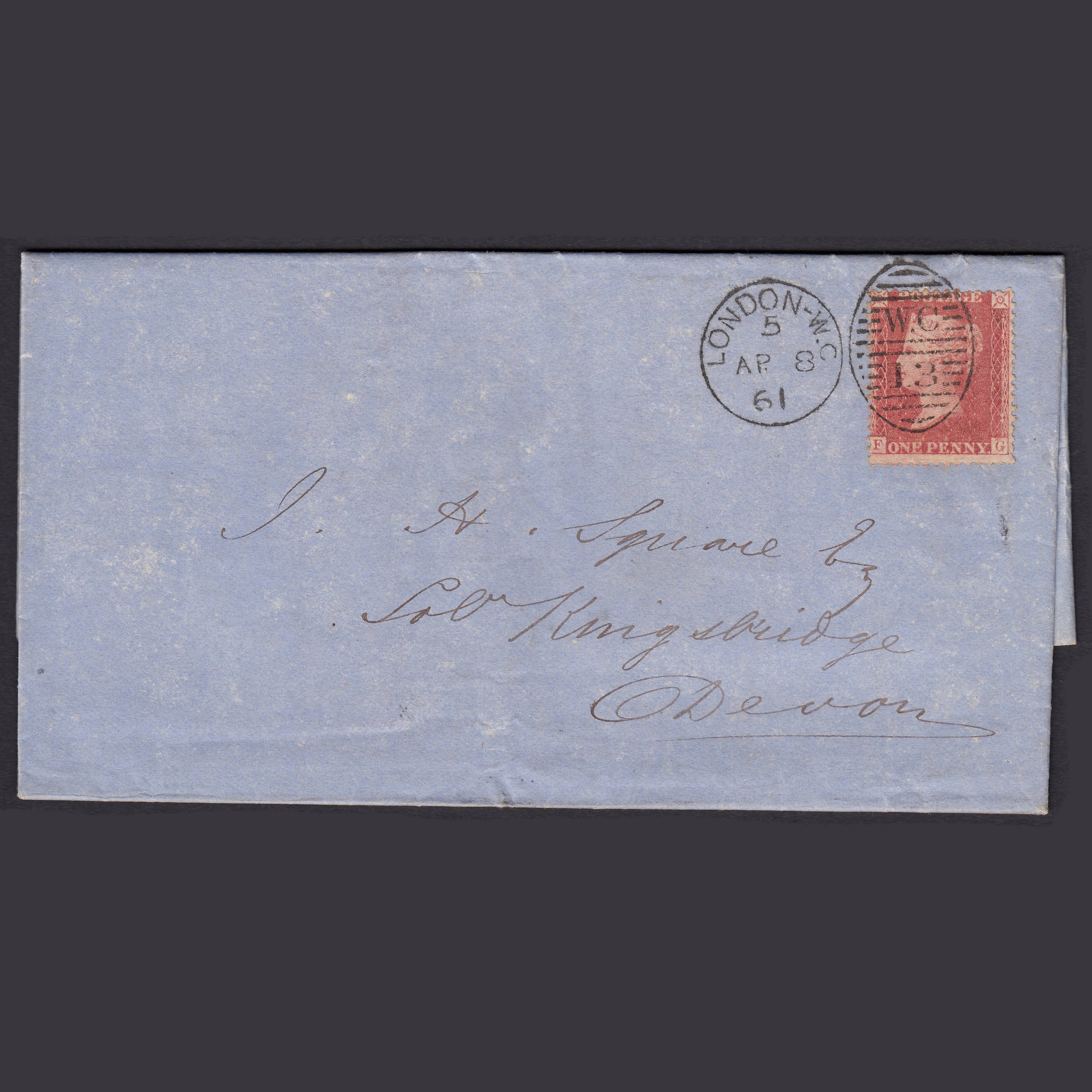 GB QV 1861 1d Rose-Red Plate 65 SG40-C10(1) FG FU London Devon Entire
