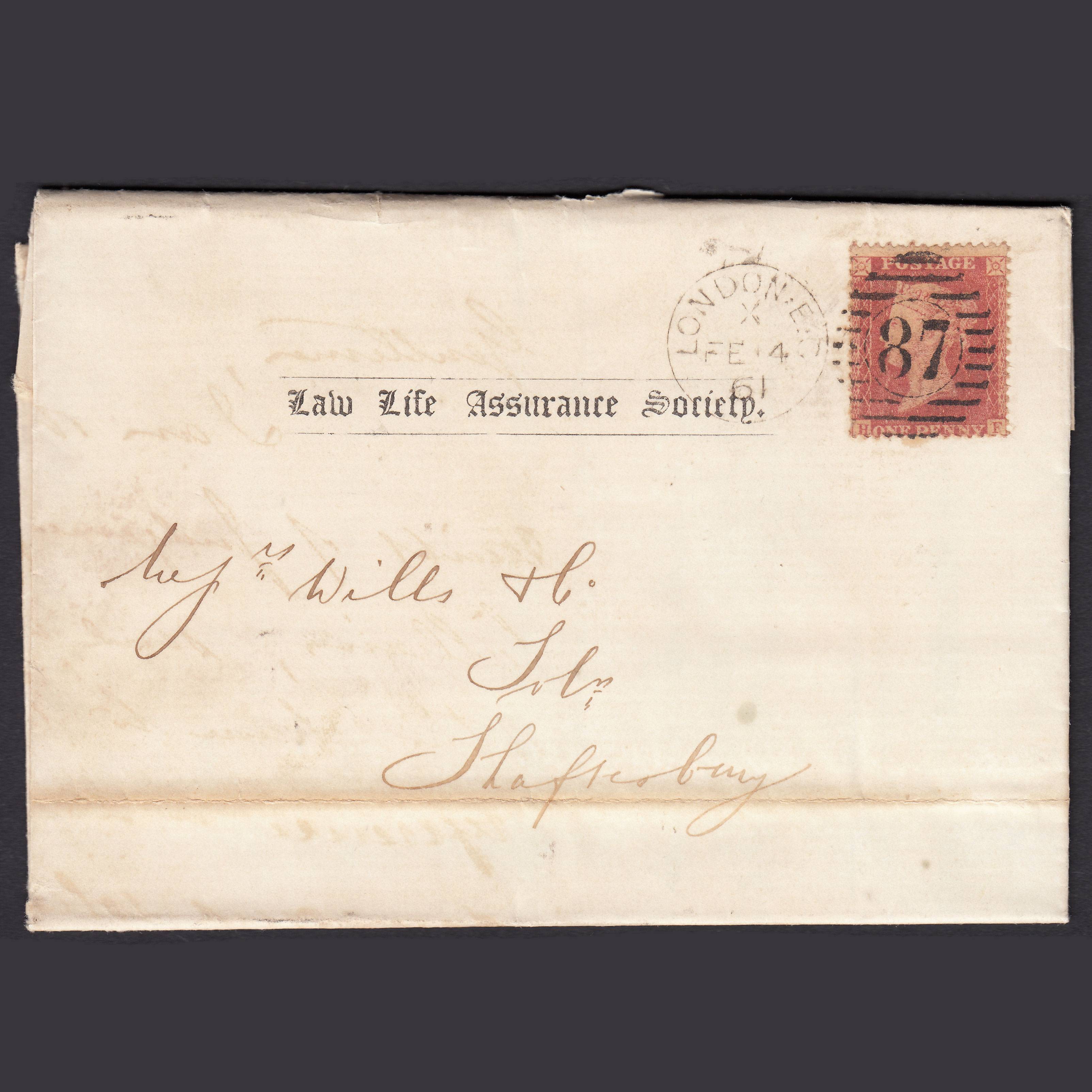 GB QV 1861 1d Rose-Red Plate 64 SG40-C10(1) HF GU on London Entire