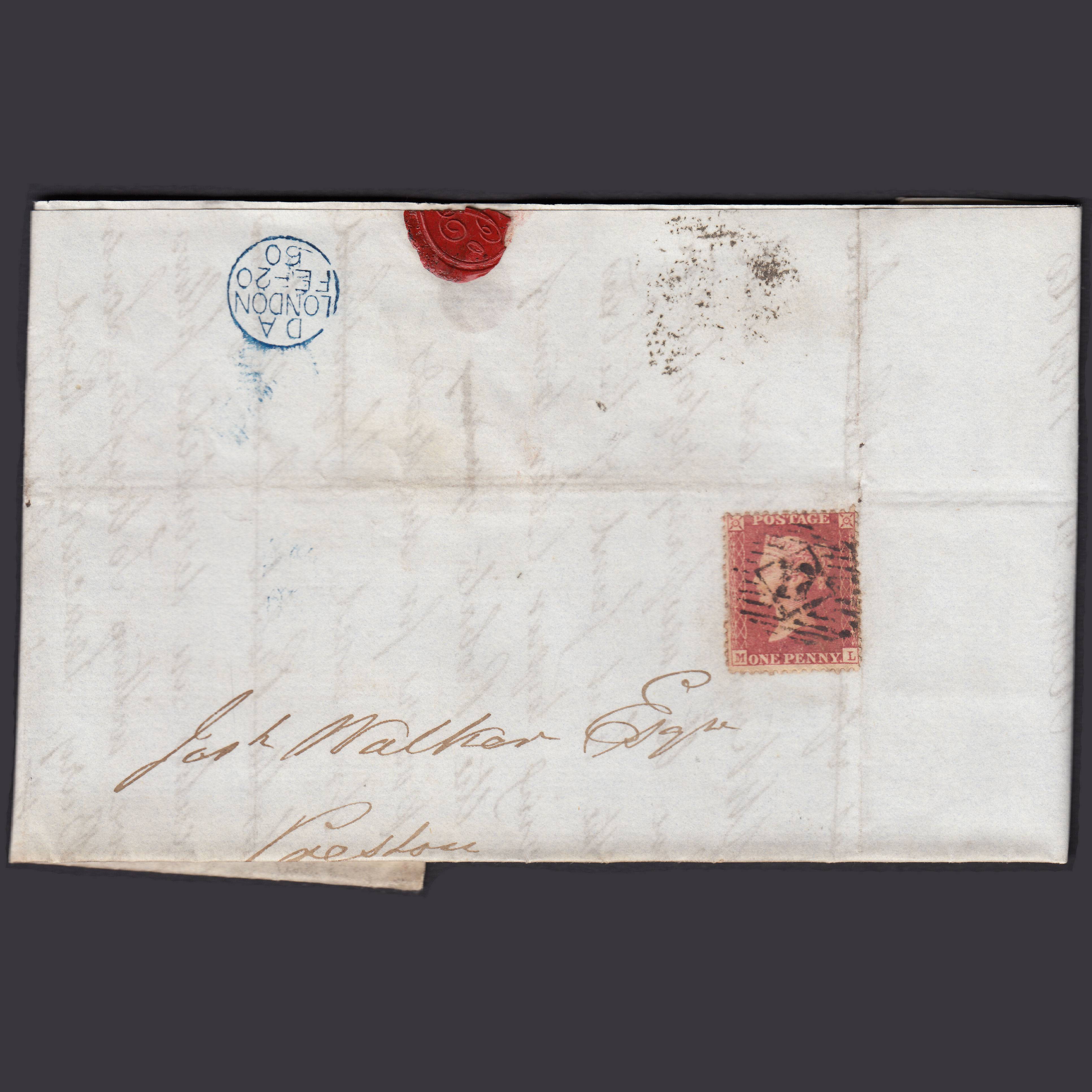GB QV 1860 1d Rose-Red Plate 44 SG40-C10(1) ML GU London Preston Entire