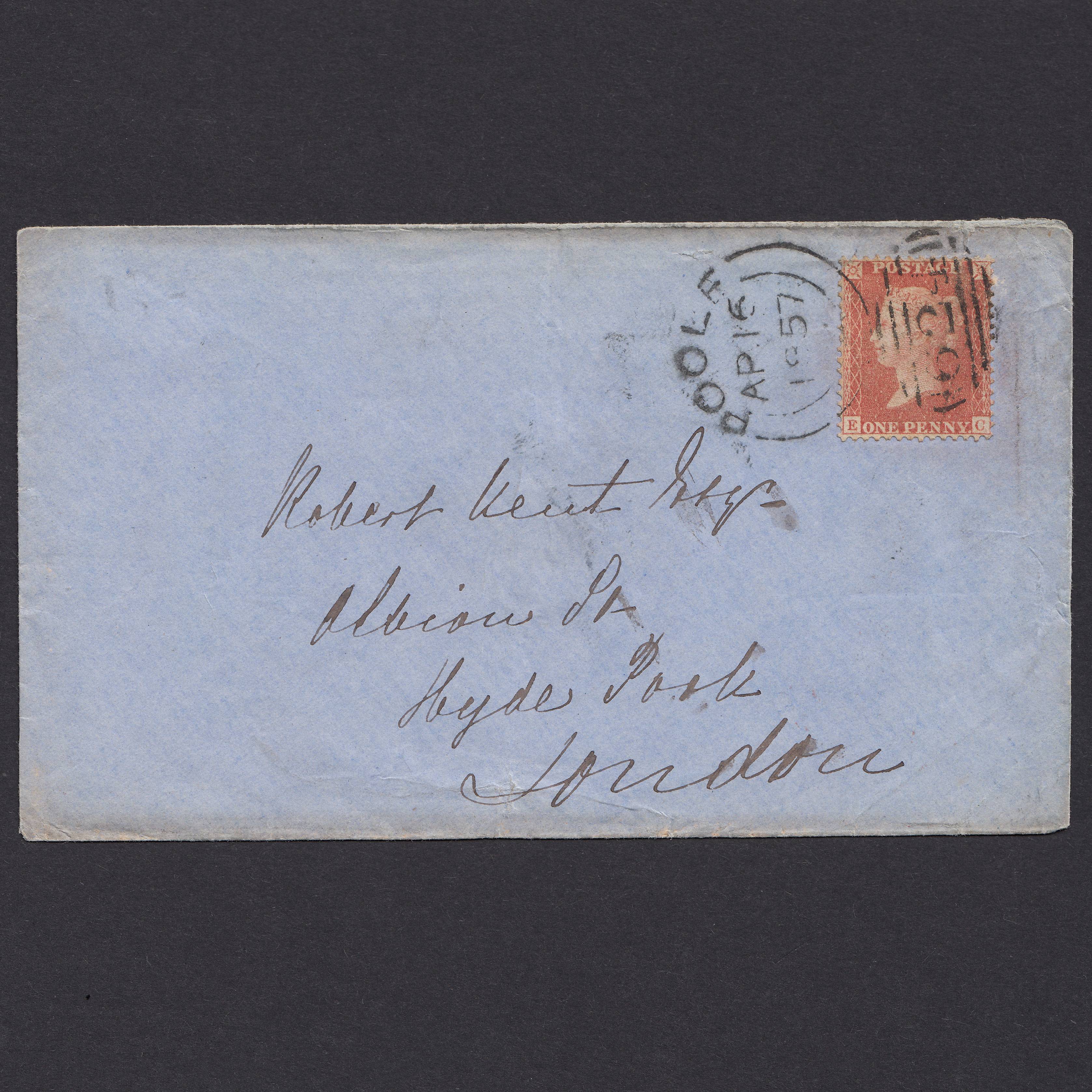 GB QV 1857 1d Red-Orange Plate 40 SGC9(2) EC VFU Poole 624 On Cover