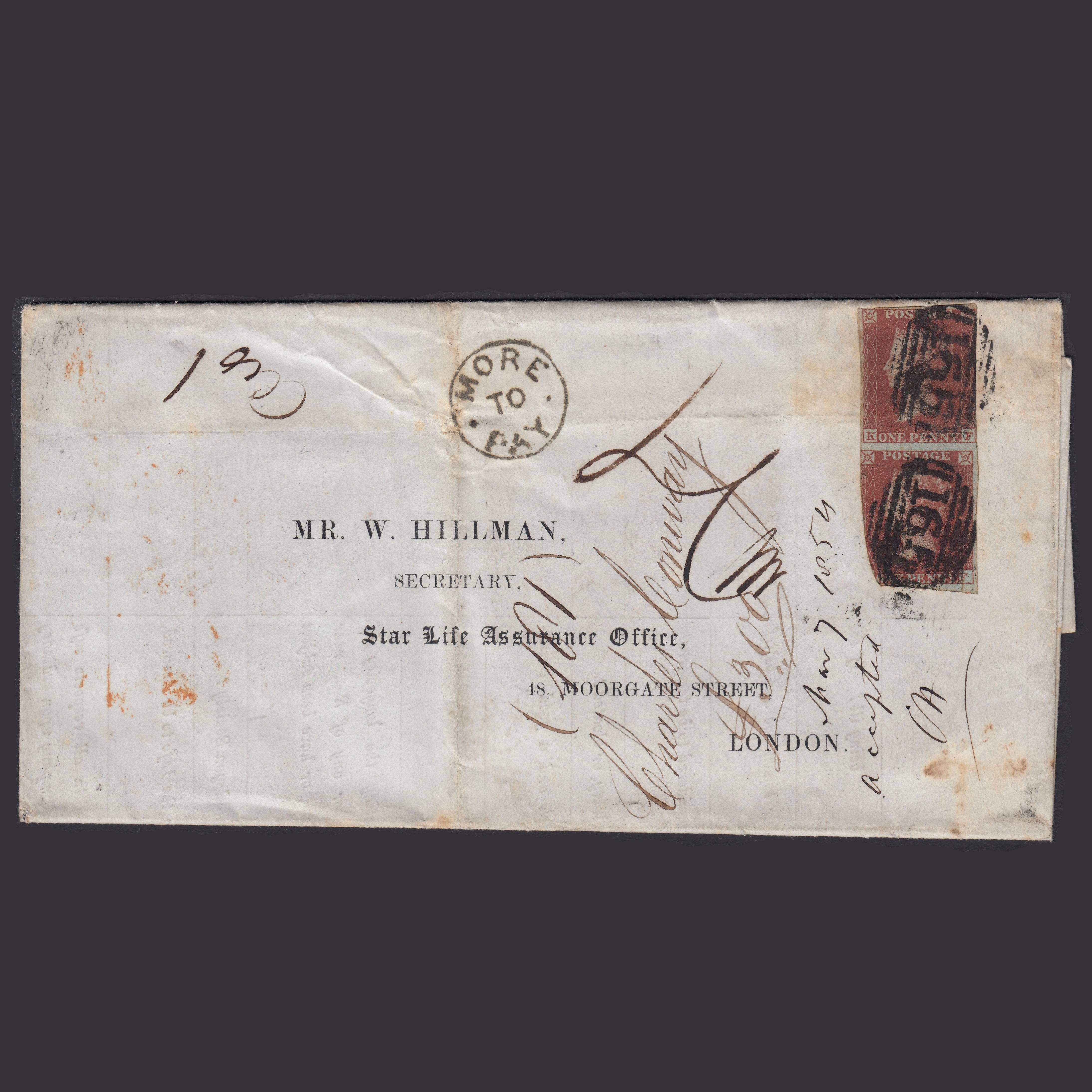 GB QV 1854 1d Plate 176 SG8-B2(1) KF-LF GU/PU Pair Carlisle to London Entire