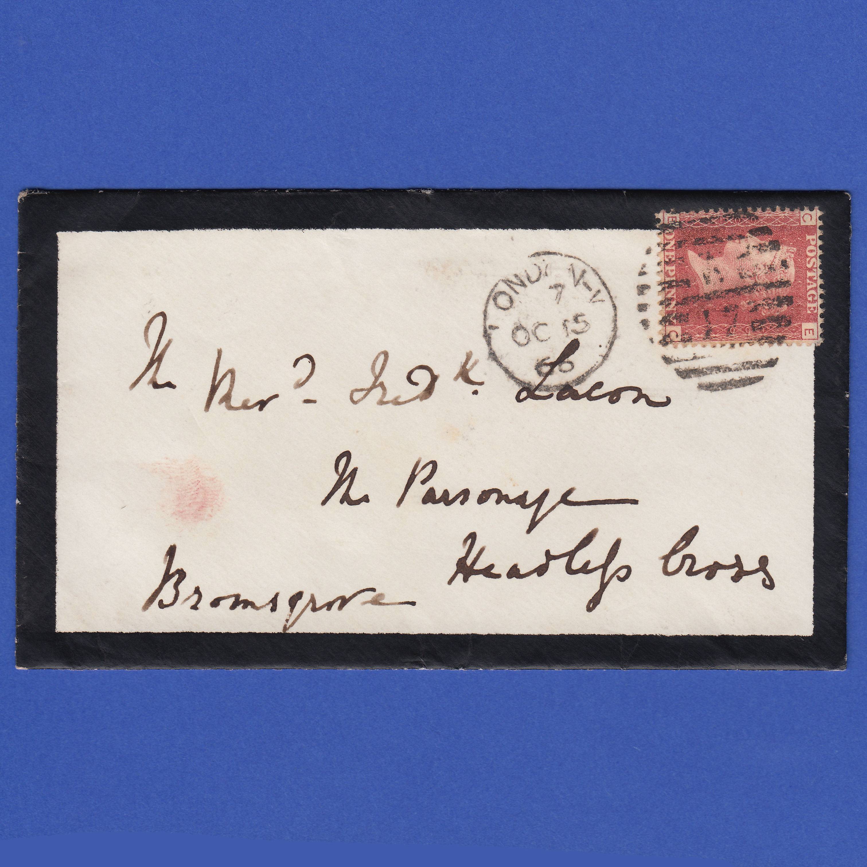 GB QV 1866 1d Lake-Red Plate 100 SG44-G1(2) EC FU London Mourning Cover