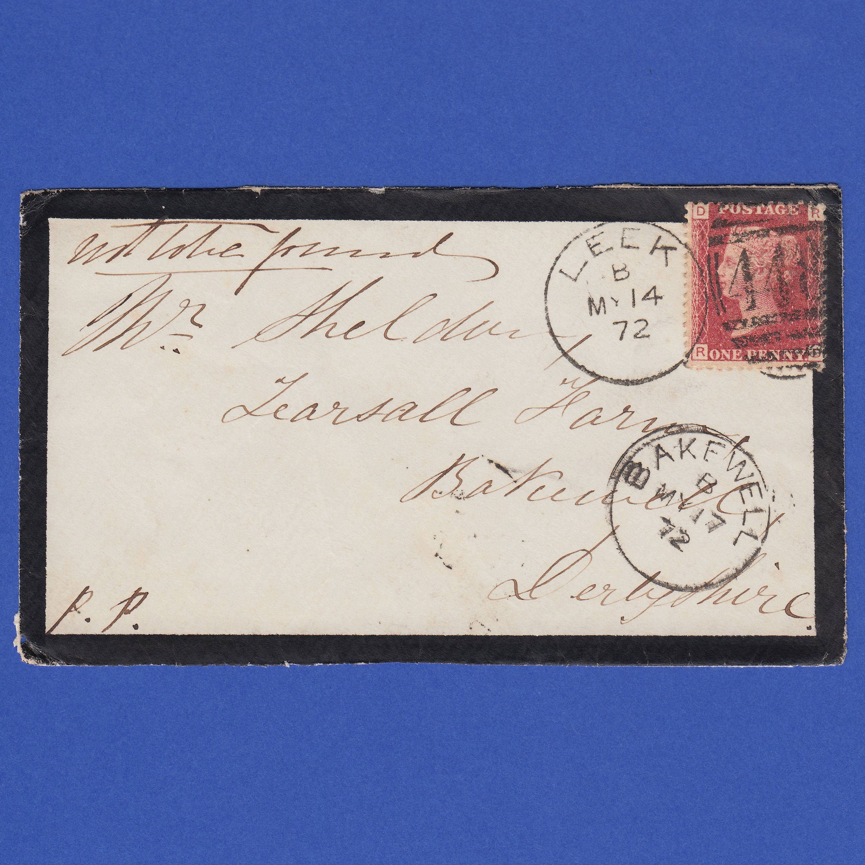 GB QV 1872 1d Lake-Red Plate 127 SG44-G1(2) RD FU Leek to Bakewell Front