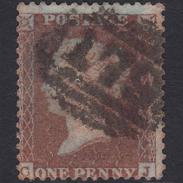 GB QV 1855 1d Deep Red-brown (Plate 14) SG24a-c3(2) CJ PU Chertsey 179 Pinhole