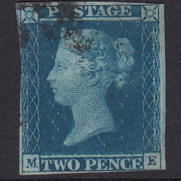 GB QV 1841 2d Blue Plate 3 SG14-E1(2) ME GU Nr 4 Margins Light Cancel