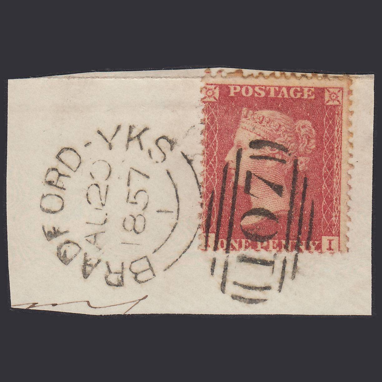 GB QV 1857 1d Plate 38 SGC9A(3) II GU Bradford 107 On Piece Blind Perf