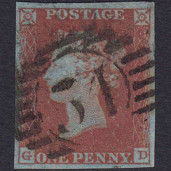 GB QV 1841 1d Very Blued Plate 105 SG8A-B1(2) GD FU 4 Margins 54