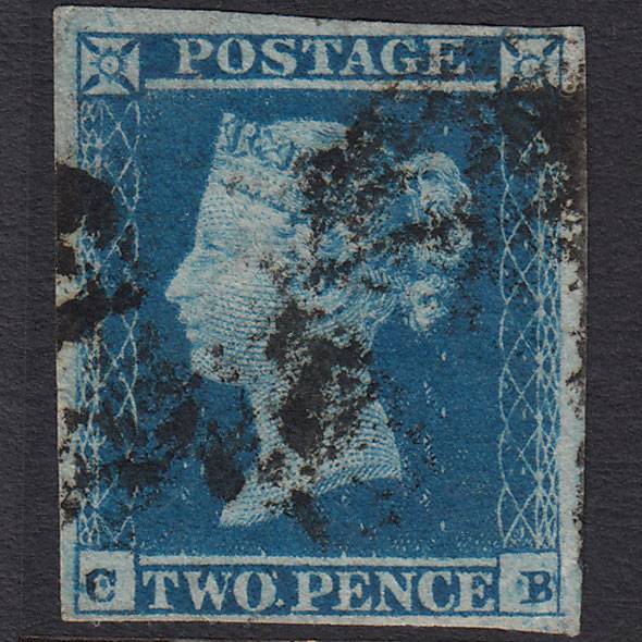 GB QV 1841 2d Blue (Plate 4) SG14-E1(2) CB FU 4 Margins