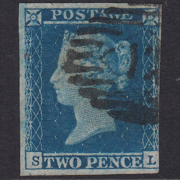 GB QV 1841 2d Blue Plate 4 SG14-E1(2) SL FU 3 Margins London Is Cancel