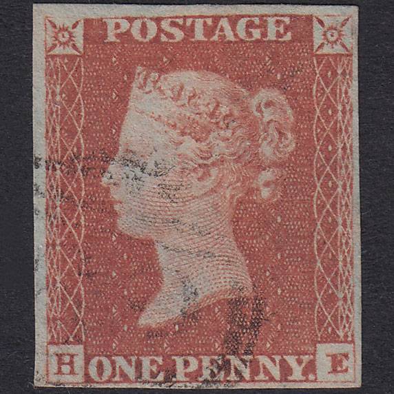 GB QV 1841 1d Red-Brown Plate 80 SG8-B1(1) HE FU 4 Margins Light Cancel