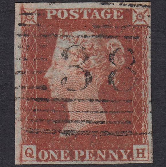 GB QV 1841 1d Red-Brown Plate 62 SG8-B1(1) QH FU 4 Margins Bathgate 38