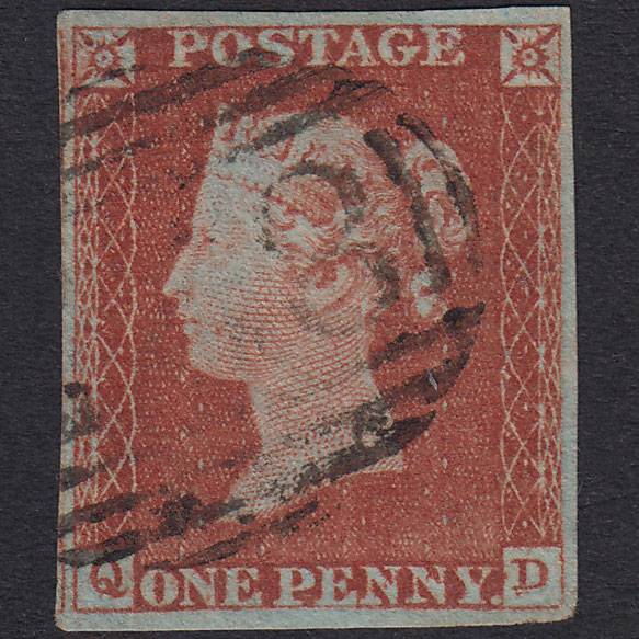 GB QV 1841 1d Red-Brown Plate 54 SG8-B1(1) Re-Entry QD FU 4 Margins