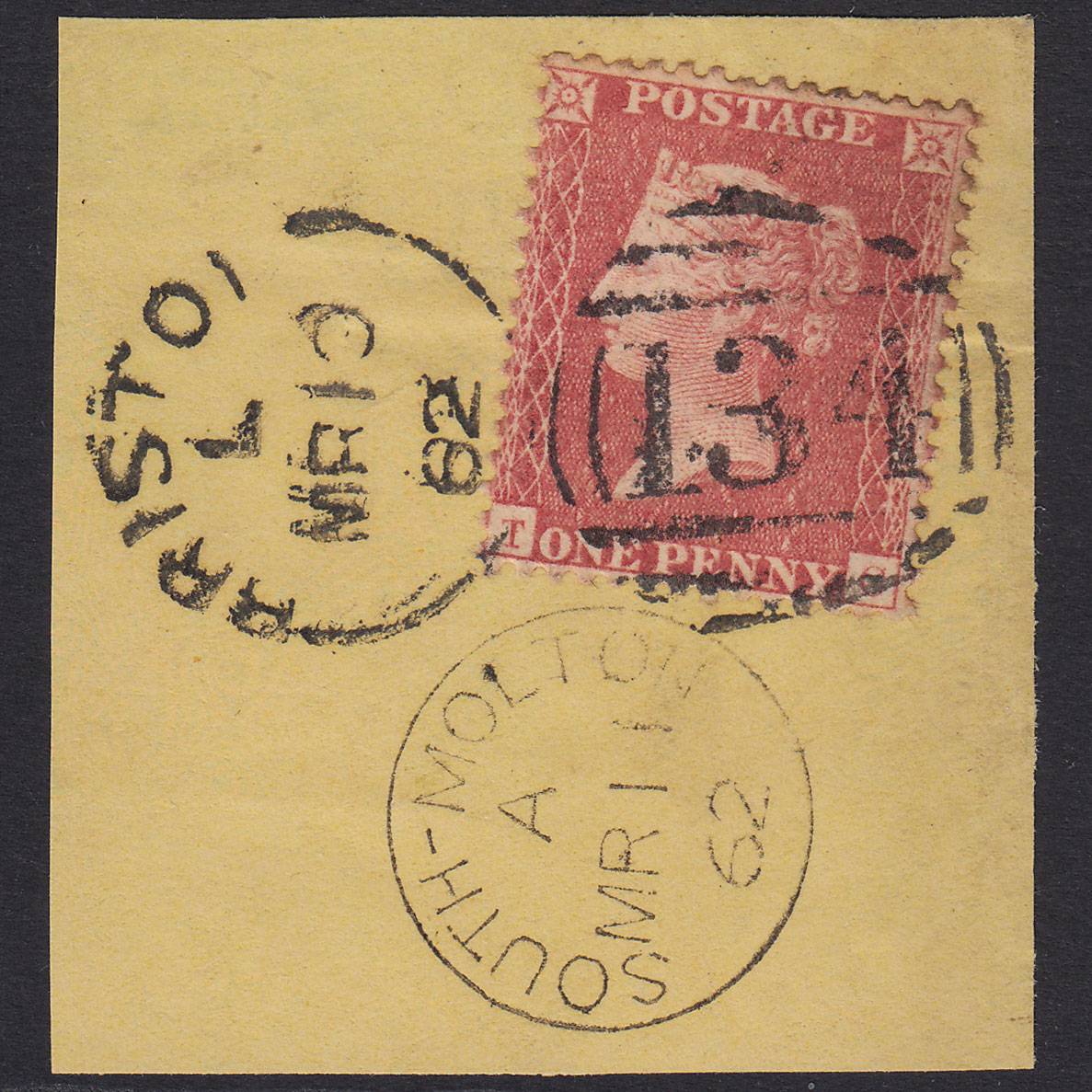 GB QV 1857 1d Plate 42 SG40-C10(1) TC GU Bristol to South Molton Piece