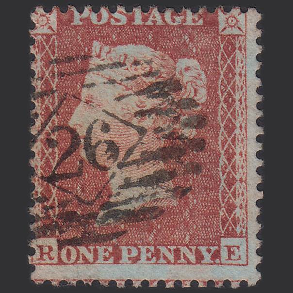 GB QV 1855 1d Red-brown (Plate 2) SG24-C3(1) RE FU London IS 26 Misperf
