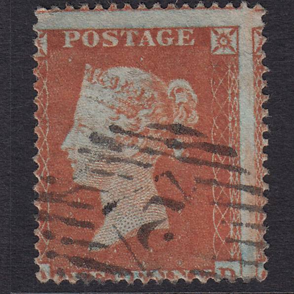 GB QV 1854 1d Red-Brown Plate 192 SG17-C1(1) OD FU Light Cancel 2 Misperf
