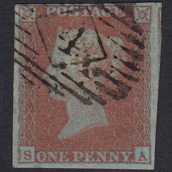 GB QV 1841 1d Very Blued Plate 115 SG8A-B1(2) SA FU 4 Margins London IS 4
