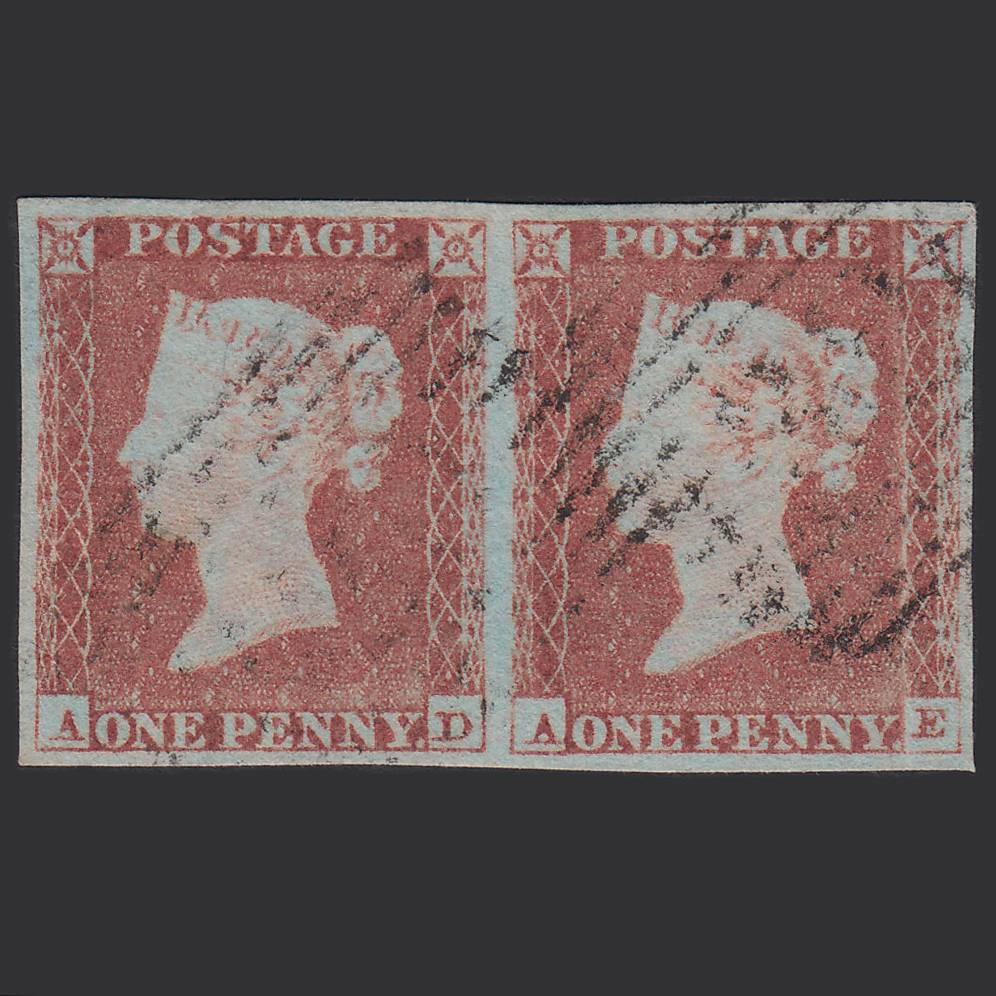 GB QV 1841 1d (Plate 77) SG8-B1(1) AD-AE FU Pair Missing Imprimatur 4M Tain 320