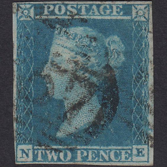 GB QV 1841 2d Blue (Plate 3) SG14-E1(2) NE FU 4 Margins
