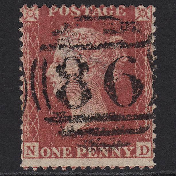 GB QV 1857 1d Rose-red (Plate 43) SG40-C10(1) ND FU Blackburn 86 Misperf