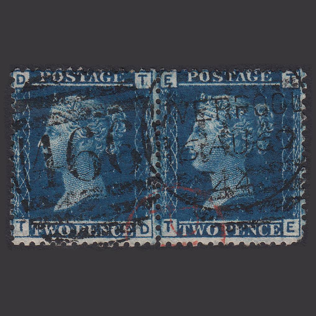 GB QV 1858 2d Blue (Plate 9) SG45-G2 TD-TE GU Pair Liverpool 466 & Red Pd