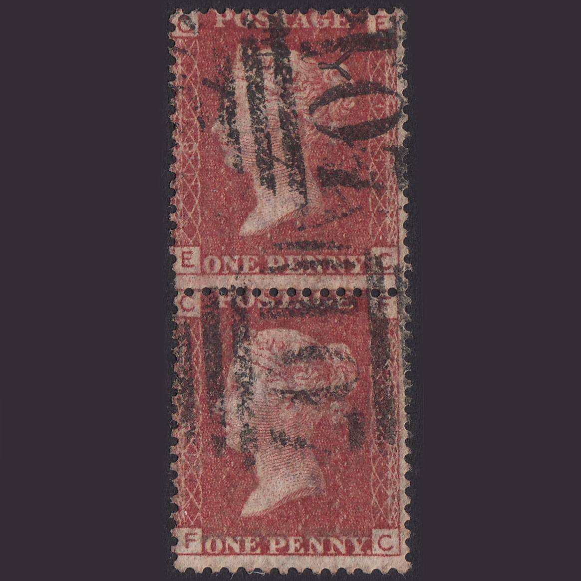 GB QV 1864 1d Lake-Red Plate 181 SG44-G1(2) EC-FC FU Pair Bradford 107