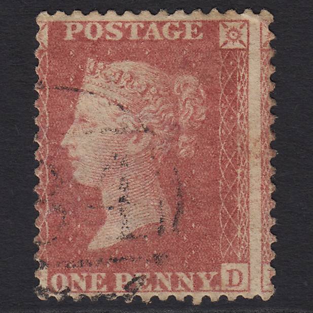 GB QV 1857 1d Rose-red SG40-C10(1) GU Light Cancel Large Misperf