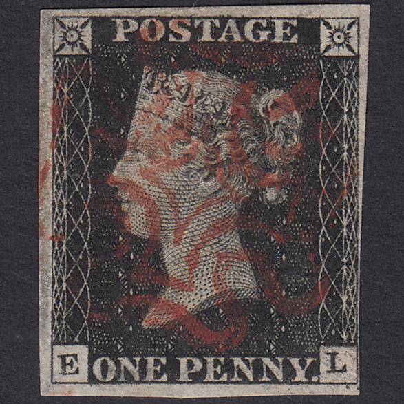 GB QV 1840 1d Black (Plate 2) SG2-A1(2) EL VFU 4 Margins Red Maltese Cross
