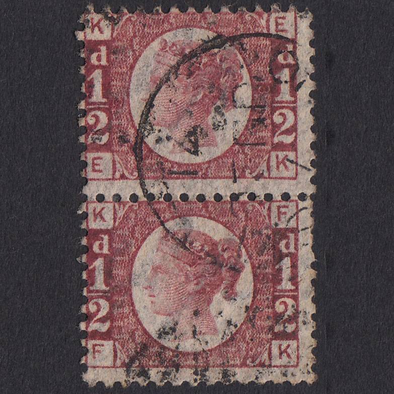 GB QV 1870 1/2d Rose-red (Plate 3) SG48-G4 EK-FK FU Pair CDS Cancel