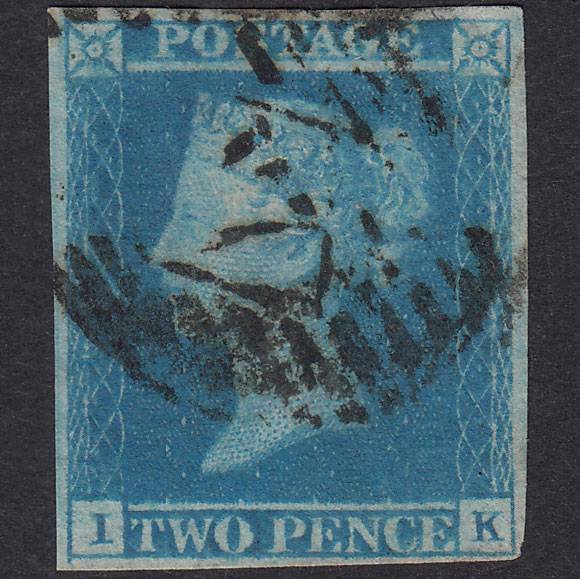 GB QV 1841 2d Pale Blue Plate 3 SG13-E1(1) IK FU 4 Margins London Is 17