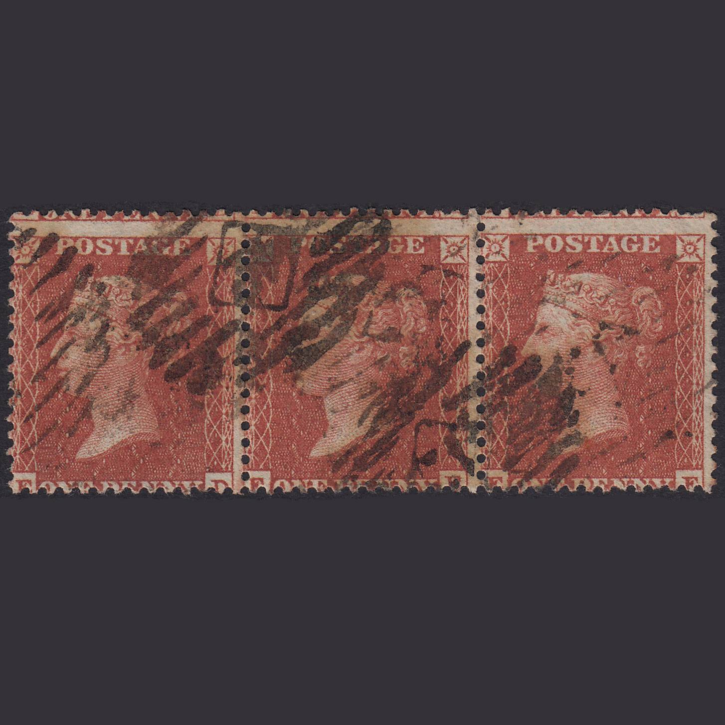 GB QV 1855 1d (Plate 7) SG24-C3(1) ED-EE-EF Strip OF 3 GU London Misperf