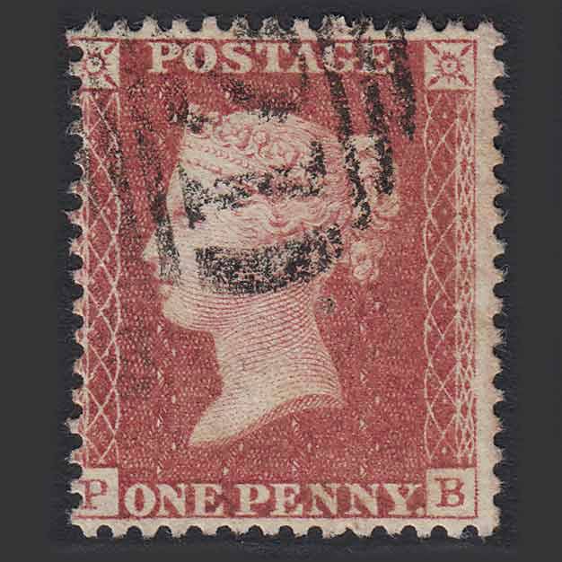 GB QV 1857 1d Rose-red (Plate 43) (SG40) 'PB' GU Pinhole C10