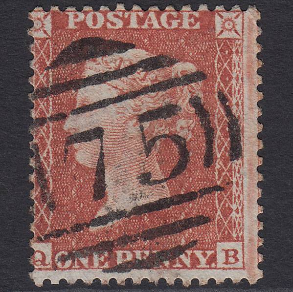 GB QV 1855 1d Red-brown (Plate 4) SGC6(1) QB FU Birmingham 75 Misperf
