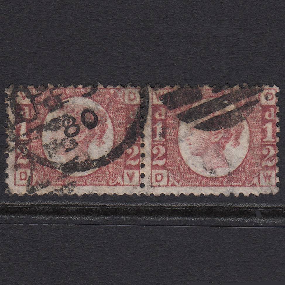 GB QV 1870 1/2d Rose-red (Plate 13) SG48-G4 DV-DW GU Pair London D&S Cancel