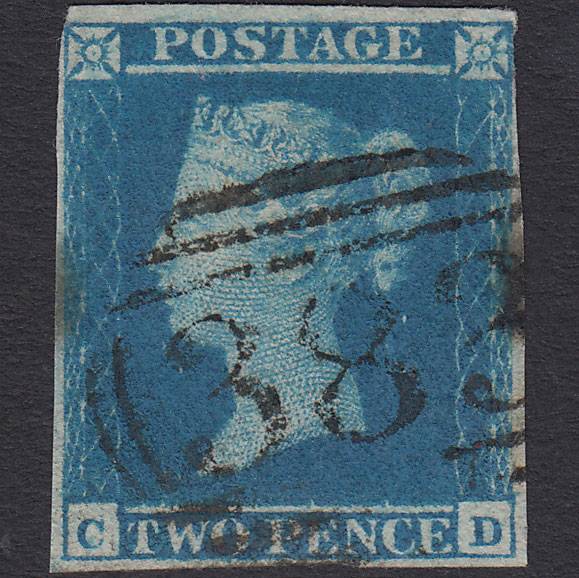 GB QV 1841 2d Blue (Plate 3) SG14-E1(2) CD FU 4 Margins Hull 383