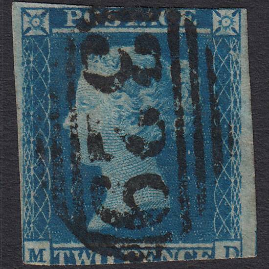 GB QV 1841 2d Blue (Plate 4) SG14-E1(2) MD GU Halesworth 329