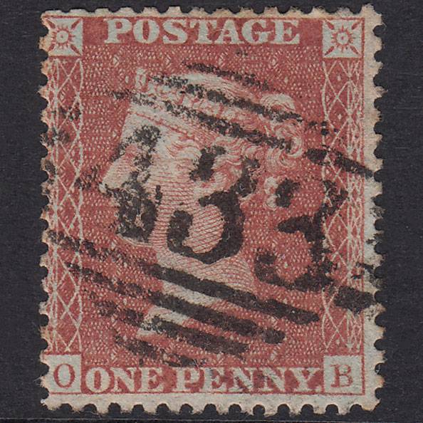 GB QV 1856 1d Red-Brown Plate 28 SG29-C8(1) OB GU Tralee 433