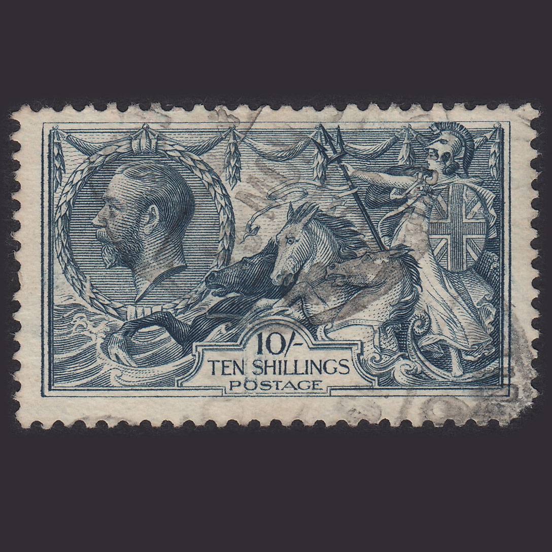 GB KG5 1919 10/- Dull Grey-Blue Seahorses SG417-N71(2) GU CDS CANCEL