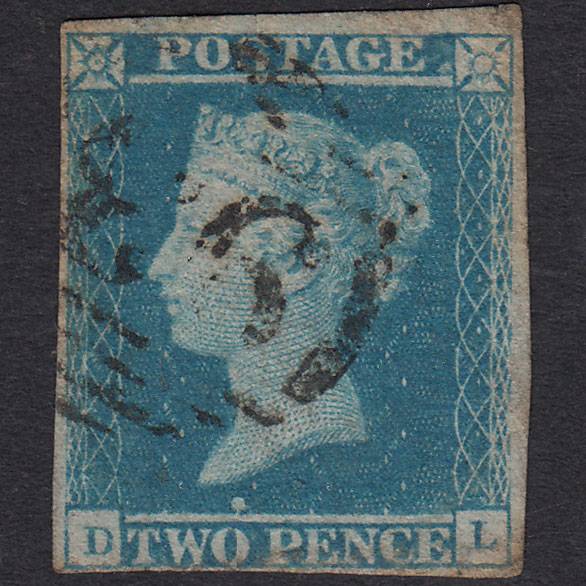 GB QV 1841 2d Pale Blue (Plate 3) SG13-E1(1) DL GU 4 Margins Print Flaw