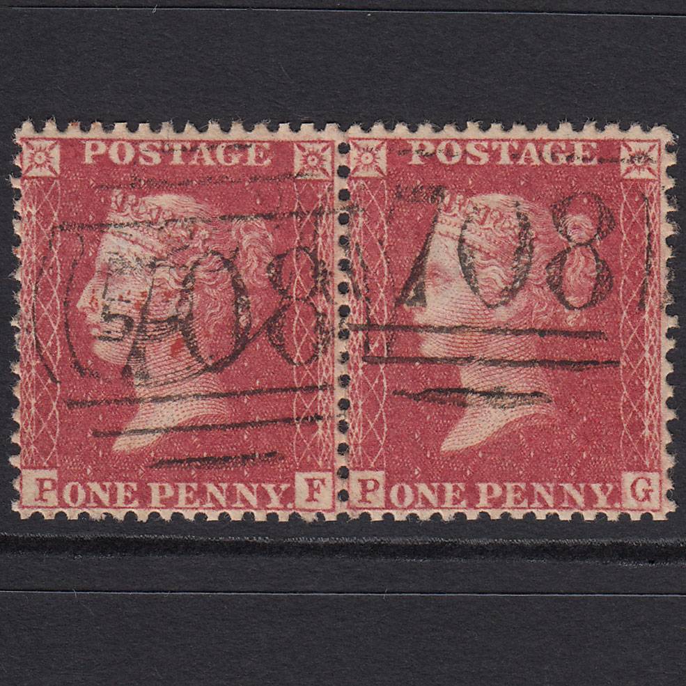 GB QV 1857 1d Rose-red (Plate 42) SG40-C10(1) PF-PG VFU Pair Shrewsbury 708