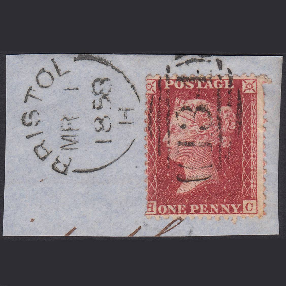 GB QV 1857 1d (Plate 36) SG40-C10(1) HC GU Bristol 134 Misperf on Piece