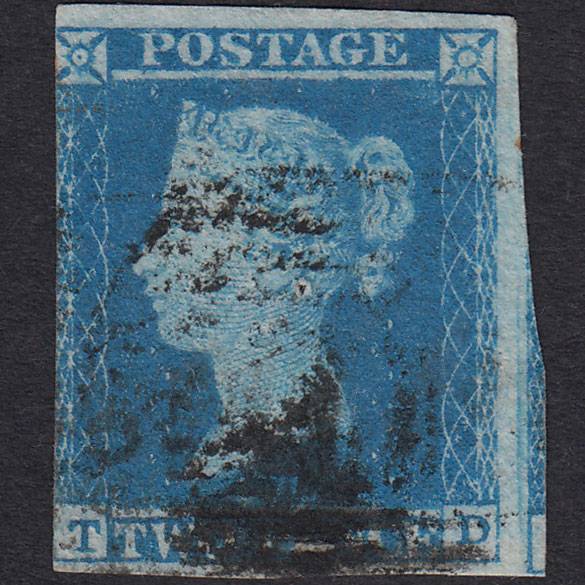 GB QV 1841 2d Pale Blue (Plate 4) SG13-E1(1) TD GU 3 Margins Pinhole