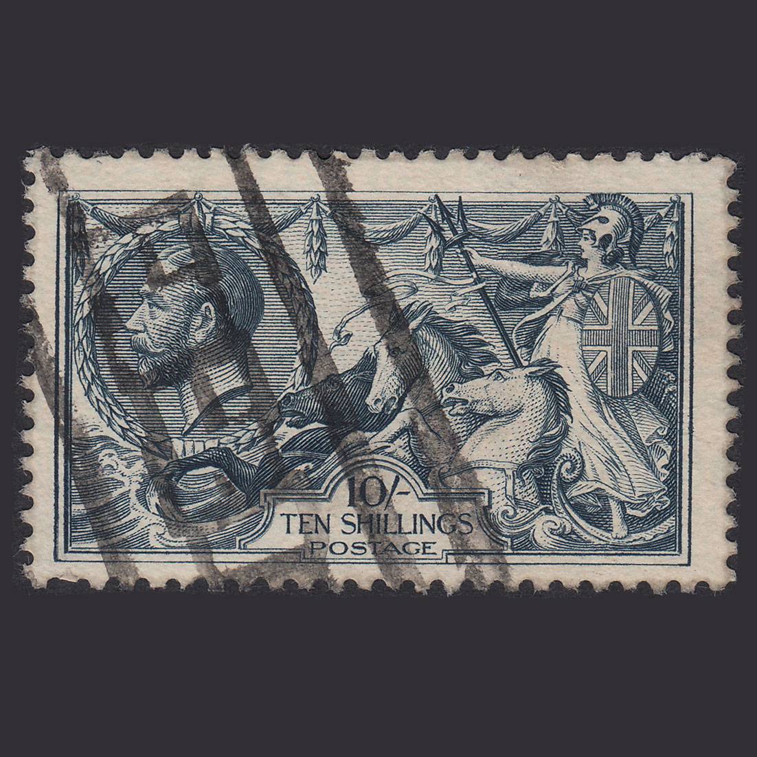 GB KG5 1919 10/- Blackish-blue Seahorses SG417-N71(3) FU Parcel Cancel