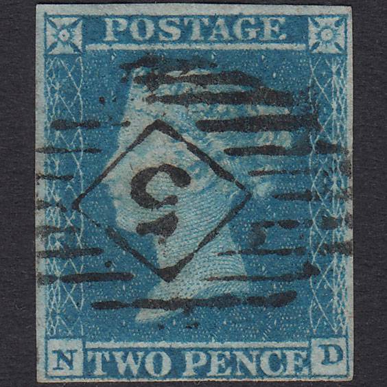 GB QV 1841 2d Pale Blue Plate 4 SG13-E1(1) ND FU 4 Margins London IS 5