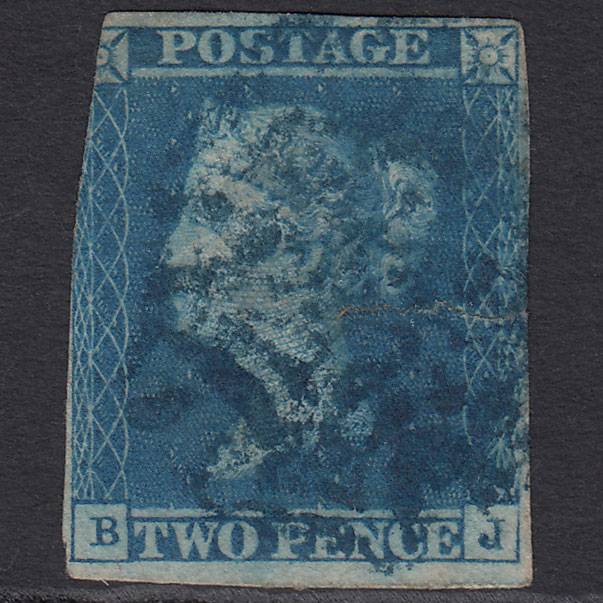 GB QV 1841 2d Blue (Plate 3) SG14-E1(2) BJ Spacefiller Blue MX Tear