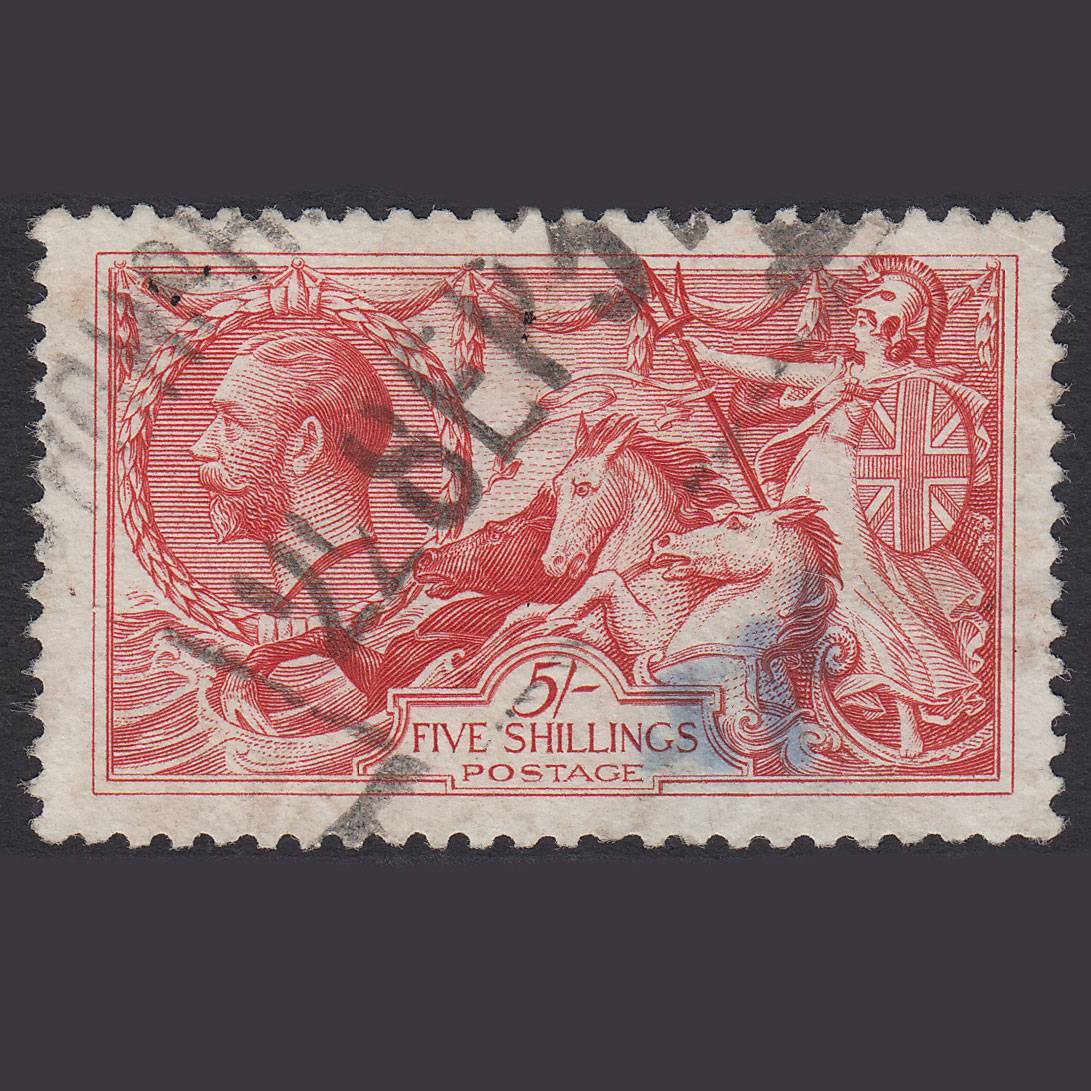 GB Kg5 1918 5/- Rose-red Seahorses SG416-N68(2) GU Parcel Cancel
