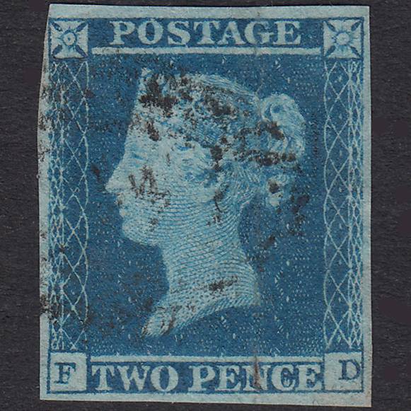 GB QV 1841 2d Blue Plate 4 SG14-E1(2) FD GU 4 Margins Light Cancel