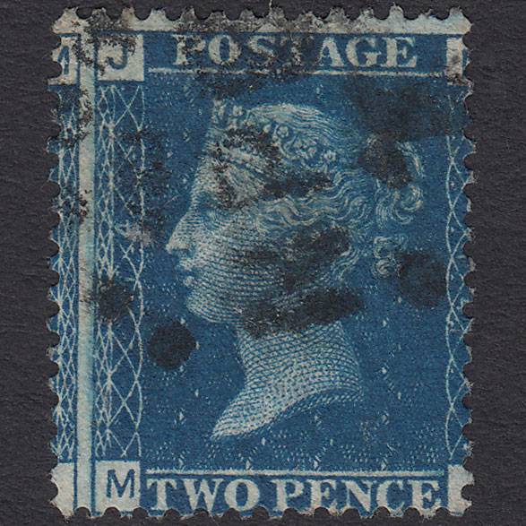 GB QV 1869 2d Blue (Plate 14) SG46-G3 MJ FU Npb Cancel Large Misperf
